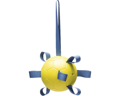 Gelber Spielball mit blauen Bändern und Aufhänger