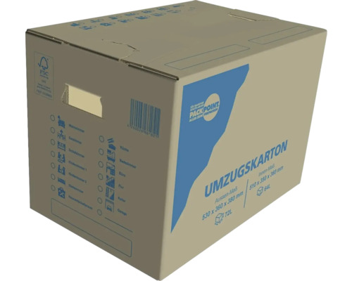 Umzugskarton aus Pappe mit den Maßen 530 x 360 x 380 Millimeter und einem Fassungsvermögen von 72 Litern