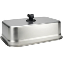 Cloche de barbecue rectangulaire en acier inoxydable avec poignée en plastique noir pour faire fondre le fromage sur le gril.