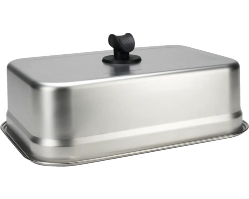 Cloche de barbecue rectangulaire en acier inoxydable avec poignée en plastique noir pour faire fondre le fromage sur le gril.