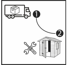 Illustration der Lieferung und Montage eines Gartenhauses