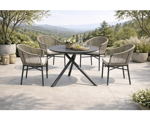Scène de jardin avec table à manger et quatre chaises devant un paysage panoramique