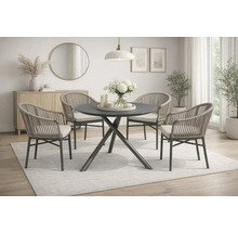 Salle à manger avec table, quatre chaises, buffet, miroir et décoration