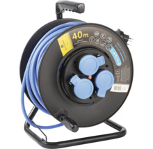 Kabeltrommel mit 40 Meter blauem Kabel und drei Steckdosen
