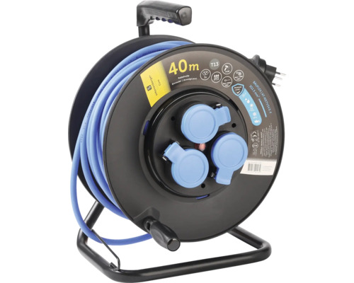 Kabeltrommel mit 40 Meter blauem Kabel und drei Steckdosen