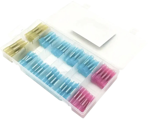 Sortiment verschiedener Quetschverbinder in einer transparenten Box