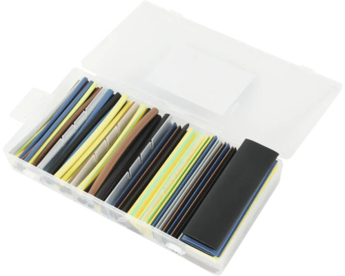 Sortiment verschiedener Schrumpfschläuche in einer transparenten Box