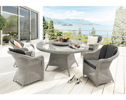 Destiny Ensemble de jardin Malaga Luna blanc Groupe de sièges de jardin avec table à manger et chaises sur une terrasse avec vue sur le lac