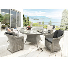 Ensemble de meubles de jardin avec table ronde et quatre chaises sur une terrasse avec vue sur le lac