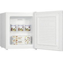 Offener weißer Mini-Gefrierschrank mit Eisbechern und Lebensmittelpackungen im Innenraum.