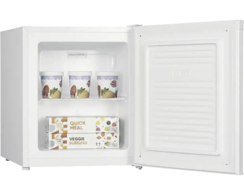 Offener weißer Mini-Gefrierschrank mit Eisbechern und Lebensmittelpackungen im Innenraum.