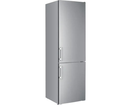 Silberner Kühl- und Gefrierschrank mit zwei Türen und Griffen
