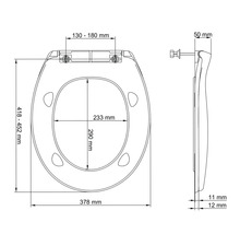 Technische Zeichnung eines Toilettensitzes mit Maßangaben