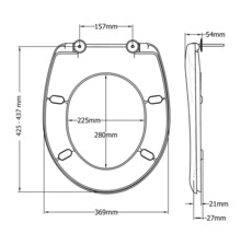 Technische Zeichnung eines Toilettendeckels mit Massangaben