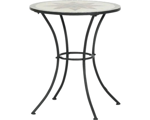 Table de bistrot ronde avec plateau en mosaïque et motif d'étoile, structure en métal noir avec pieds courbés.