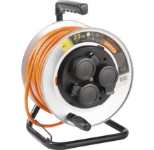 Kabeltrommel mit 25 Meter orangem Kabel und drei Steckdosen