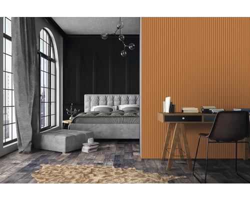 Chambre moderne avec lit, bureau et lambris en bois