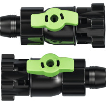 Vanne d'arrêt noire en plastique pour l'irrigation goutte à goutte avec poignée rotative verte et raccord de tuyau.