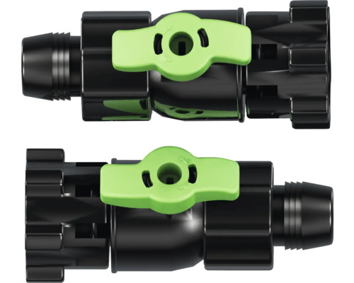 Vanne d'arrêt noire en plastique pour l'irrigation goutte à goutte avec poignée rotative verte et raccord de tuyau.