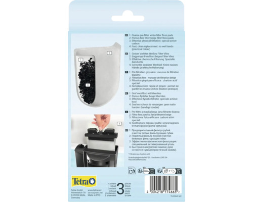 Tetra Logo sur l emballage de 3 cartouches. Montre la structure du filtre avec charbon actif et le remplacement dans le filtre pour aquarium.