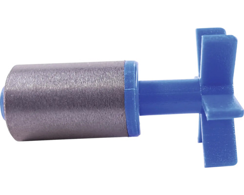 Rotor de rechange pour pompe, composé d'un aimant métallique et d'une roue à ailettes bleue en plastique.