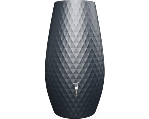 Récupérateur d'eau de pluie anthracite avec structure en losange et robinet en métal.