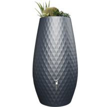 Récupérateur d eau de pluie moderne en couleur anthracite avec motif à losanges, bac à plantes intégré sur le dessus et robinet argenté.
