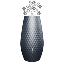 Récupérateur d'eau avec structure en diamant, robinet et graphisme de fleurs stylisées.