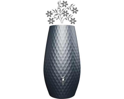Récupérateur d'eau avec structure en diamant, robinet et graphisme de fleurs stylisées.