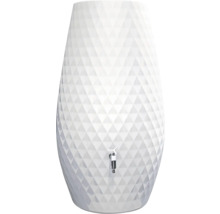 Récupérateur d'eau blanc avec motif géométrique en losanges et robinet argenté.