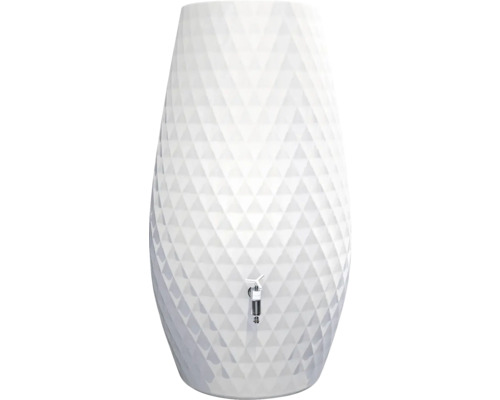 Récupérateur d'eau blanc avec motif géométrique en losanges et robinet argenté.