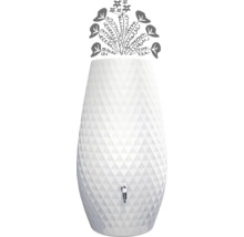 Récupérateur d'eau de pluie blanc avec motif géométrique triangulaire, robinet en métal et graphique de plantes sur le dessus.