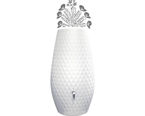 Récupérateur d'eau de pluie blanc avec motif géométrique triangulaire, robinet en métal et graphique de plantes sur le dessus.