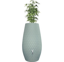 Récupérateur d'eau de pluie moderne en forme de vase avec motif en losange, bac à fleurs intégré et robinet.