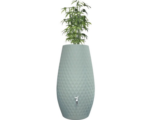 Récupérateur d'eau de pluie moderne en forme de vase avec motif en losange, bac à fleurs intégré et robinet.
