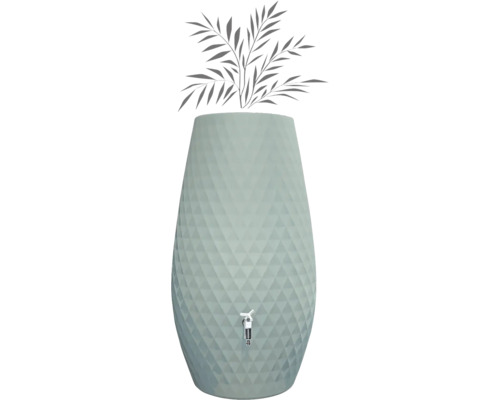 Récupérateur d'eau de pluie avec motif en losanges, bac à fleurs intégré et robinet de vidange.