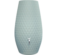 Récupérateur d'eau de pluie bleu clair avec motif géométrique de triangles et robinet argenté.