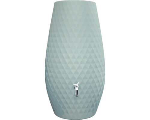 Récupérateur d'eau de pluie bleu clair avec motif géométrique de triangles et robinet argenté.