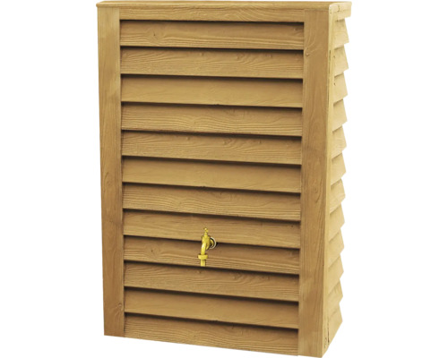Wand-Regentonne in Holzoptik mit Zapfhahn für die Gartenbewässerung.