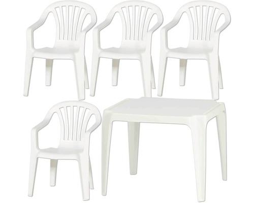 Weisses Gartenmöbel-Set aus Kunststoff mit vier Stapelstühlen und einem quadratischen Tisch.
