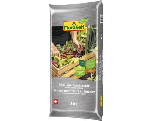 Sack Blumenerde für Obst und Gemüse mit dem FloraSelf Logo und einem Inhalt von 20 Litern