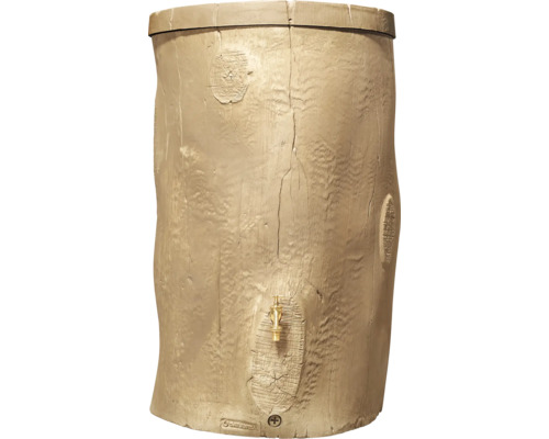 Beige Regentonne in Baumstamm-Optik aus Kunststoff mit Auslaufhahn und Deckel.
