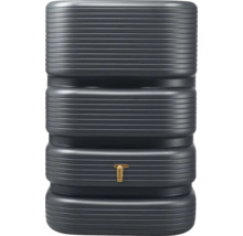 Rechteckige Regenwassertonne in Anthrazit mit horizontaler Rippenstruktur und einem Auslaufhahn aus Messing.