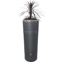 Regenspeicher 2-in-1 in Anthrazit mit integrierter Pflanzschale und Auslaufhahn.