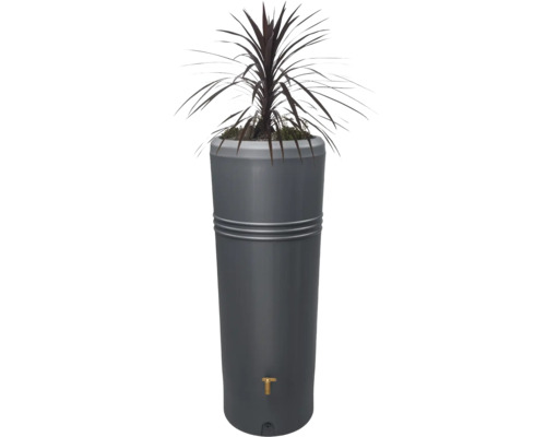 Regenspeicher 2-in-1 in Anthrazit mit integrierter Pflanzschale und Auslaufhahn.