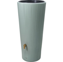 Récupérateur d eau de pluie haut vert clair en plastique avec structure à rainures verticales et robinet doré.