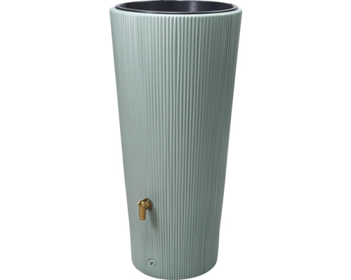 Récupérateur d eau de pluie haut vert clair en plastique avec structure à rainures verticales et robinet doré.