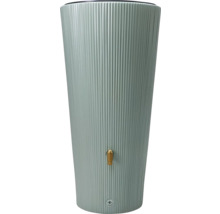 Récupérateur d'eau de pluie vert menthe de forme haute avec une structure à rainures verticales et un petit robinet doré.