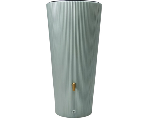 Récupérateur d'eau de pluie vert menthe de forme haute avec une structure à rainures verticales et un petit robinet doré.