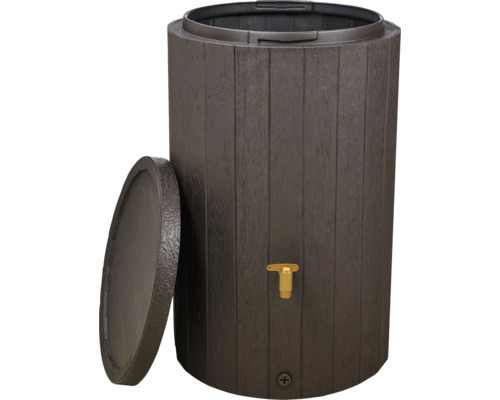 Dunkelbraune Regentonne in Holzoptik mit abgenommenem Deckel und goldenem Auslaufhahn.